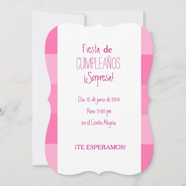 Invitación - Fiesta Sorpresa de cumpleaños - Rosa (Anverso)