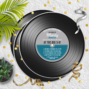 Invitación Fiesta Sorpresa de Disco de Vinilo Etiqueta Azul