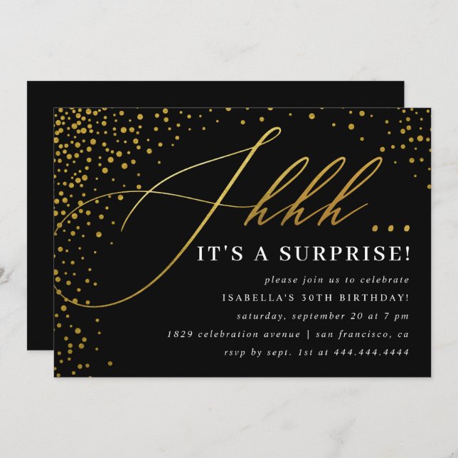 Invitación Fiesta sorpresa de escritura de confetti negro y d (Anverso / Reverso)