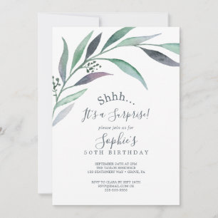 Invitación Fiesta sorpresa de eucalipto morado y verde