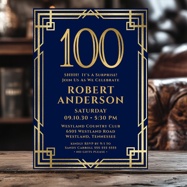 Invitación Fiesta sorpresa de foto de cumpleaños 100 Oro Azul (Subido por el creador)