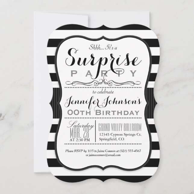 Invitación Fiesta sorpresa de franjas blancas y negras (Anverso)