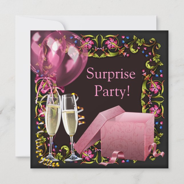 Invitación Fiesta sorpresa de globos de champagne negro rosa (Anverso)