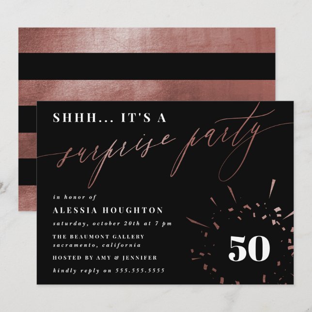 Invitación Fiesta sorpresa de guiones de oro negro y Rosa (Anverso / Reverso)