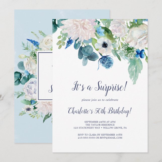 Invitación Fiesta sorpresa de las flores blancas clásicas (Anverso / Reverso)