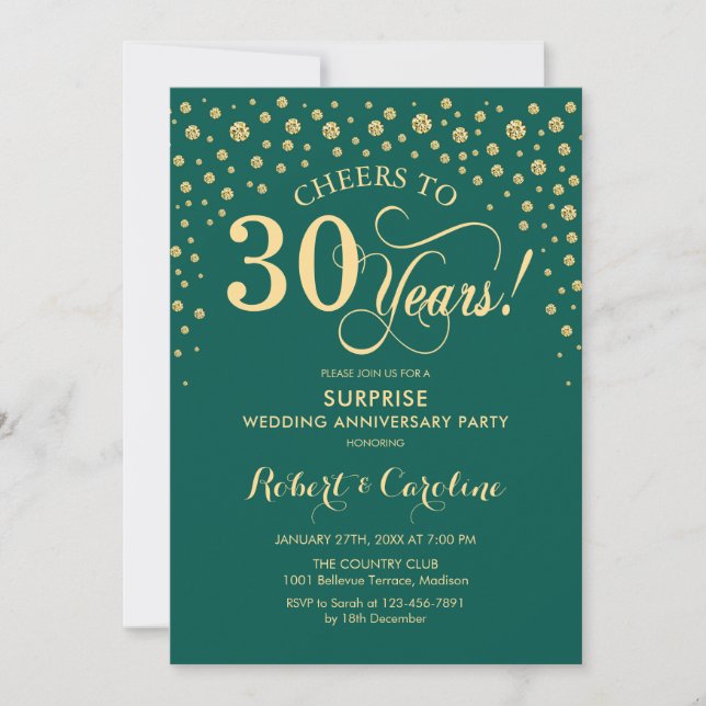 Invitación Fiesta sorpresa de oro verde esmeralda 30 aniversa (Anverso)