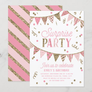 Invitación Fiesta sorpresa de Purpurina rosado y dorado