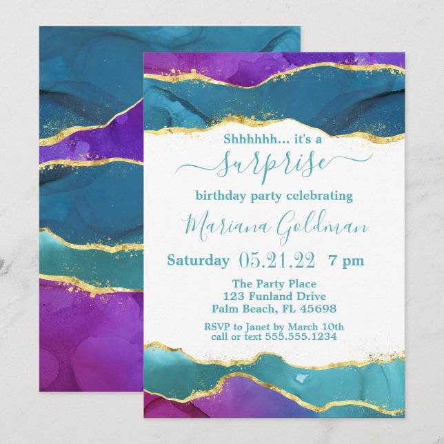 Invitación Fiesta sorpresa de tinta abstracta rosa turquesa y (Anverso / Reverso)