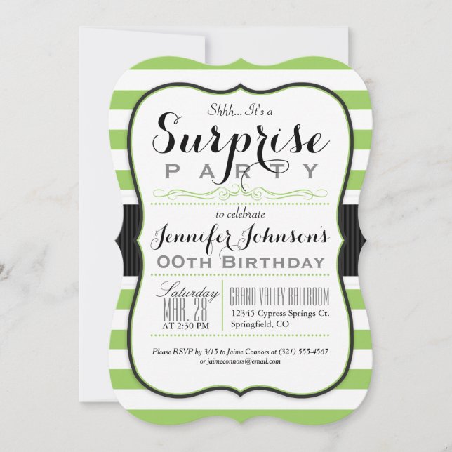 Invitación Fiesta sorpresa de tiras blancas y verdes (Anverso)
