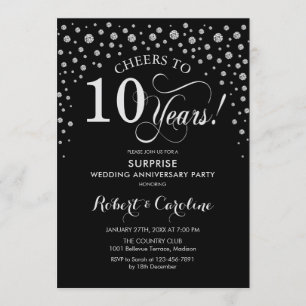 Invitación Fiesta sorpresa del 10º aniversario - negro platea