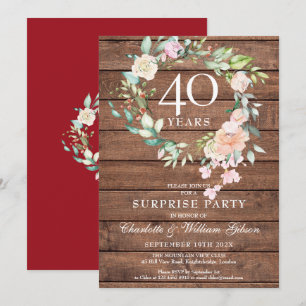 Invitación Fiesta sorpresa del 40 aniversario floral rústico 