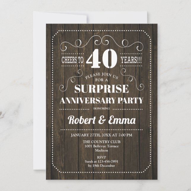 Invitación Fiesta Sorpresa del 40 Aniversario - Madera Rústic (Anverso)