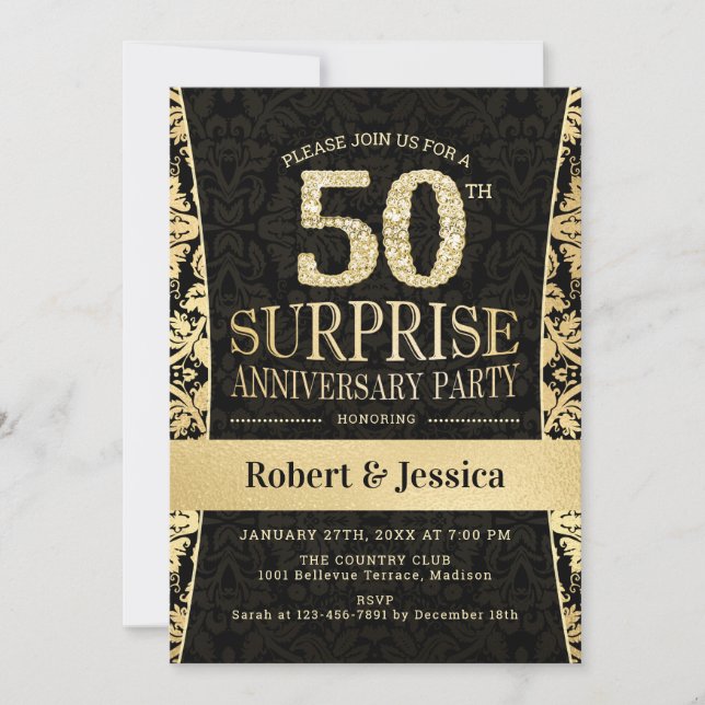 Invitación Fiesta Sorpresa del 50 Aniversario - Dorado Negro (Anverso)