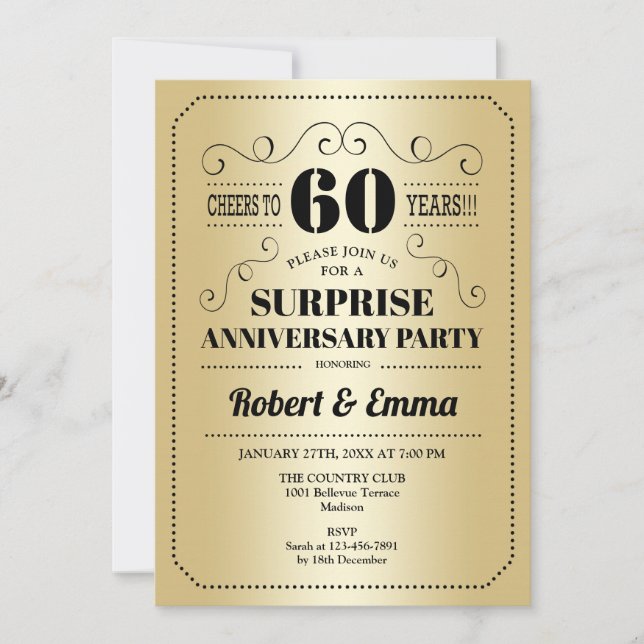 Invitación Fiesta Sorpresa del 60 Aniversario - Dorado Negro (Anverso)
