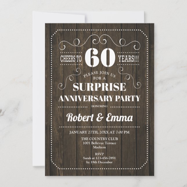 Invitación Fiesta Sorpresa del 60 Aniversario - Madera Rústic (Anverso)