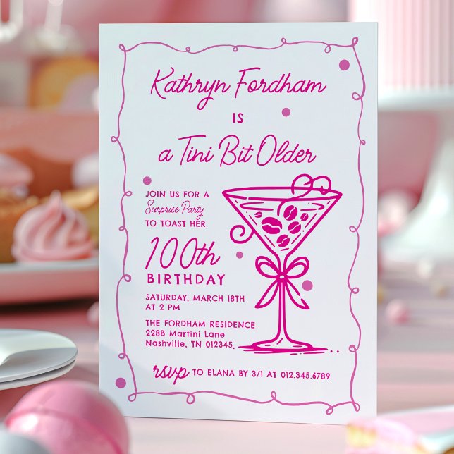 Invitación Fiesta SORPRESA Doodle Rosa Martini Cumpleaños 100 (Subido por el creador)