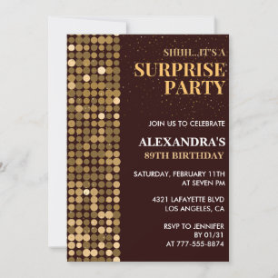 Invitación Fiesta sorpresa elegante brillo oro cumpleaños 89
