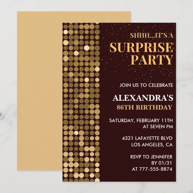 Invitación Fiesta sorpresa elegante con brillo Cumpleaños dor (Anverso / Reverso)