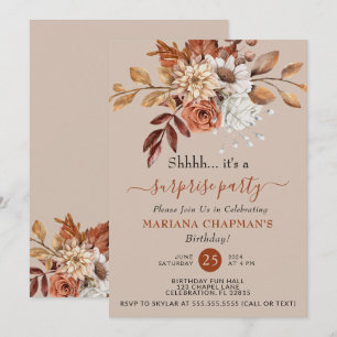 Invitación Fiesta sorpresa floral acuarela otoño taupe