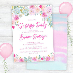 Invitación Fiesta Sorpresa Floral Rosa Azul Melocotón Púrpura