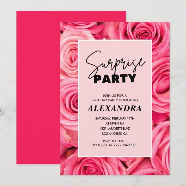 Invitación Fiesta sorpresa Floral Rosa cumpleaños 63 (Anverso / Reverso)