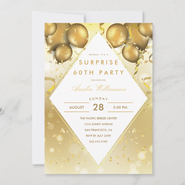 Invitación Fiesta sorpresa | Globos Glam Gold y Confetti (Anverso)