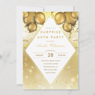 Invitación Fiesta sorpresa Globos Glam Gold y Confetti