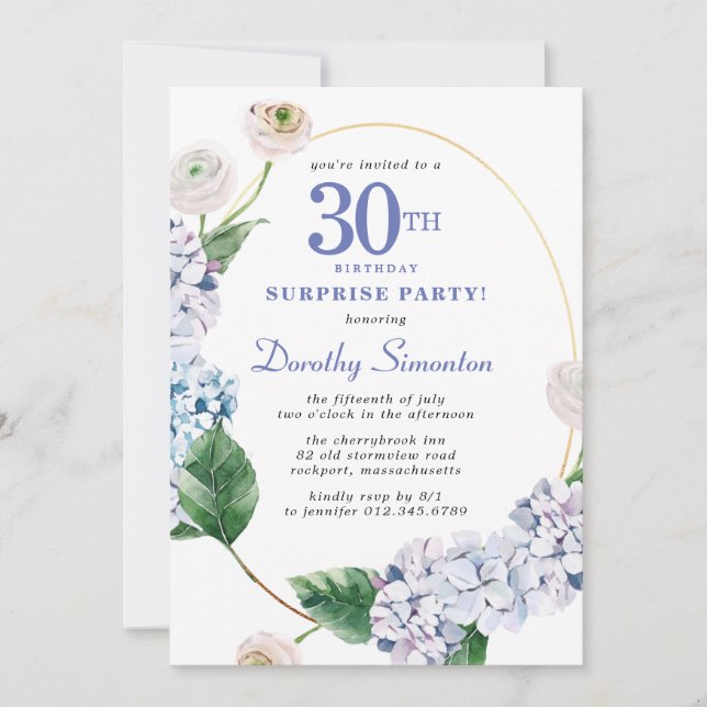 Invitación Fiesta Sorpresa Hydrangea Rosa 30 cumpleaños (Anverso)