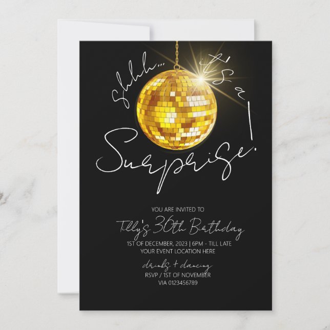 Invitación Fiesta sorpresa moderno de la bola disco de oro (Anverso)