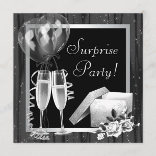 Invitación Fiesta Sorpresa Negra y Blanca con Burbujas de Cha