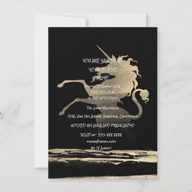 Invitación Fiesta sorpresa Pinceles dorados negros Unicornio (Anverso)