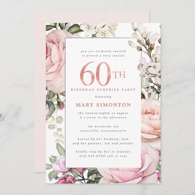 Invitación Fiesta sorpresa por cumpleaños número 60 con flore (Anverso / Reverso)