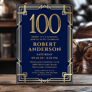 Invitación Fiesta Sorpresa por el 100 cumpleaños en azul mari