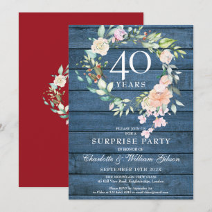 Invitación Fiesta sorpresa por el 40 aniversario floral azul 