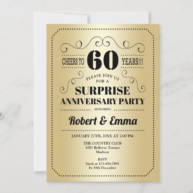 Invitación Fiesta sorpresa por el 60 aniversario - dorado neg (Anverso)