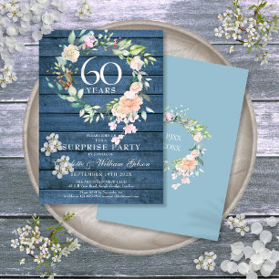 Invitación Fiesta sorpresa por el 60 aniversario, floral azul