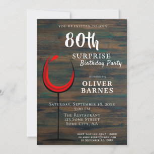 Invitación Fiesta Sorpresa por los 80 Años Vino Tinto Madera