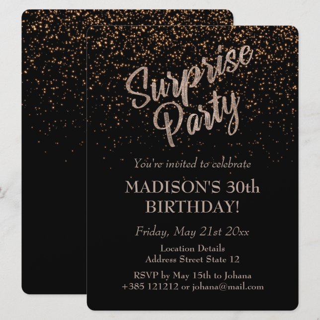 Invitación Fiesta sorpresa Purpurina de oro de cumpleaños (Anverso / Reverso)