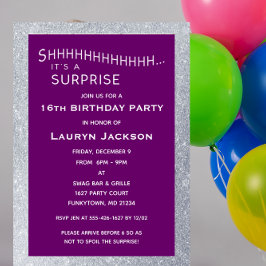 Invitación Fiesta sorpresa Purpurina morado y plateado Cumple