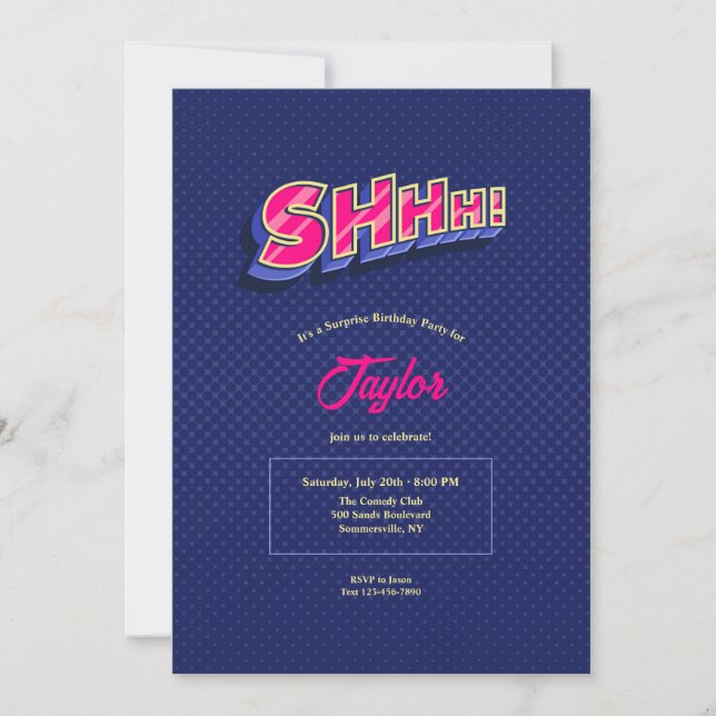 Invitación Fiesta sorpresa Silencio (Anverso)