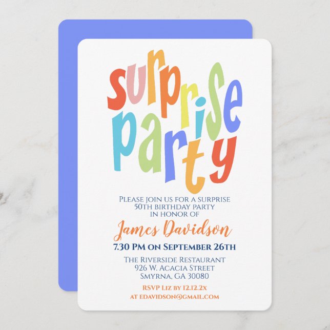 Invitación Fiesta Sorpresa Tipografía Moderna (Anverso / Reverso)