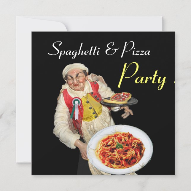 Invitación Fiesta SPAGHETTI & PIZZA, COCINA ITALIANA negro ro (Anverso)