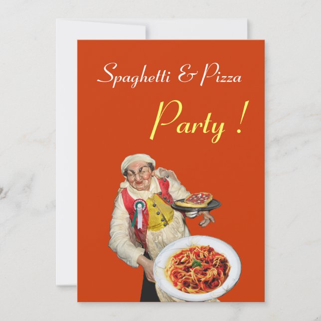 Invitación Fiesta SPAGHETTI y PIZZA , naranja RESTAURANTE neg (Anverso)