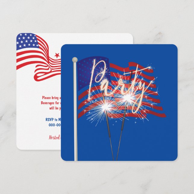 Invitación Fiesta Sparklers sobre la bandera estadounidense (Anverso / Reverso)