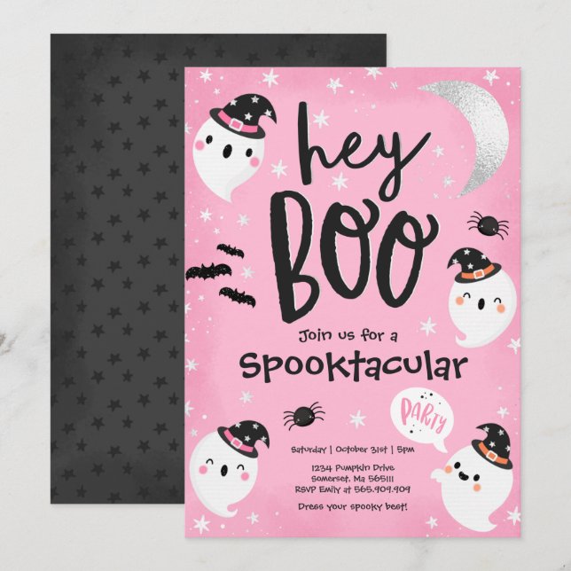Invitación Fiesta Spooktacular de los chicos fantasmas rosado (Anverso / Reverso)