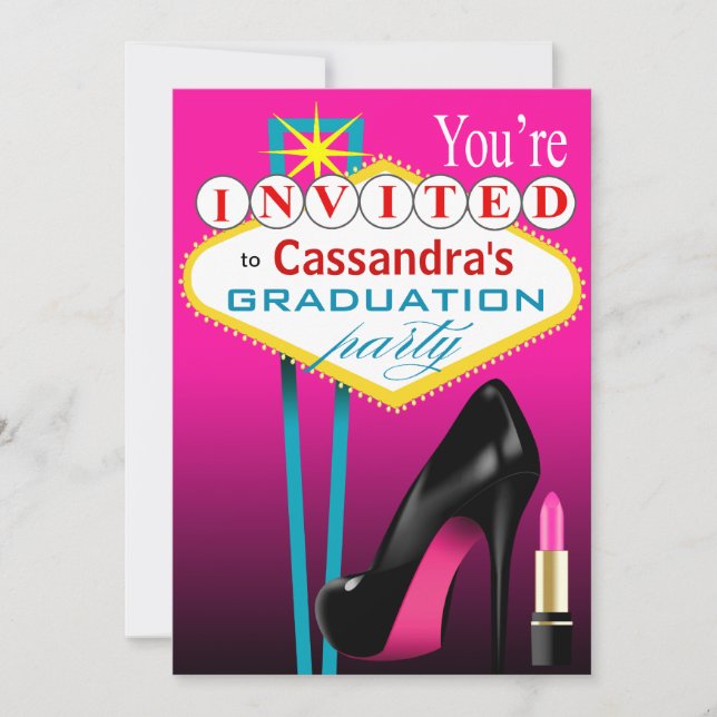 Invitación Fiesta Stiletto y Lápiz Labial Las Vegas fucsia (Anverso)