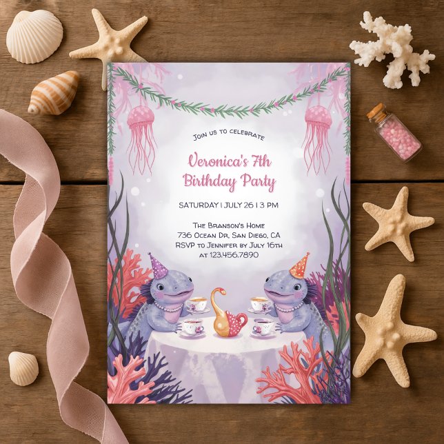 Invitación Fiesta subacuático de té Cute Axolotl Ocean Birday (Underwater Tea Party Birthday Invitation – Cute Axolotl Ocean Birthday Invite)
