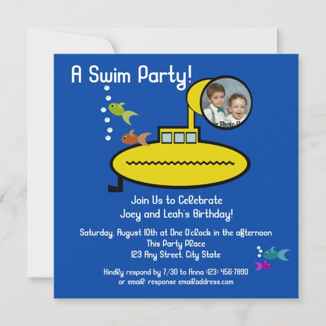 Invitación Fiesta submarino de natación con foto (Anverso)