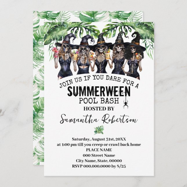 Invitación Fiesta Summerween Brujas Chicas Pool Bash (Anverso / Reverso)