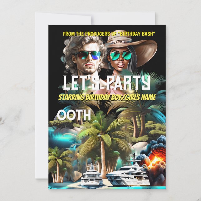 Invitación Fiesta superhéroe adulto de la isla de la playa de (Anverso)